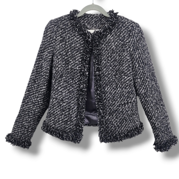 L.K. Bennett JK Till Black Cream Tweed Jacket Blazer‎ With Fringe US 6 - Picture 1 of 11